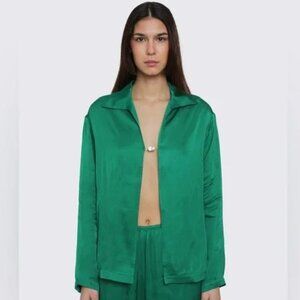 DONNI. Silky Baroque Pearl Top in Ivy Green Satin Long Sleeve Small S DONNI